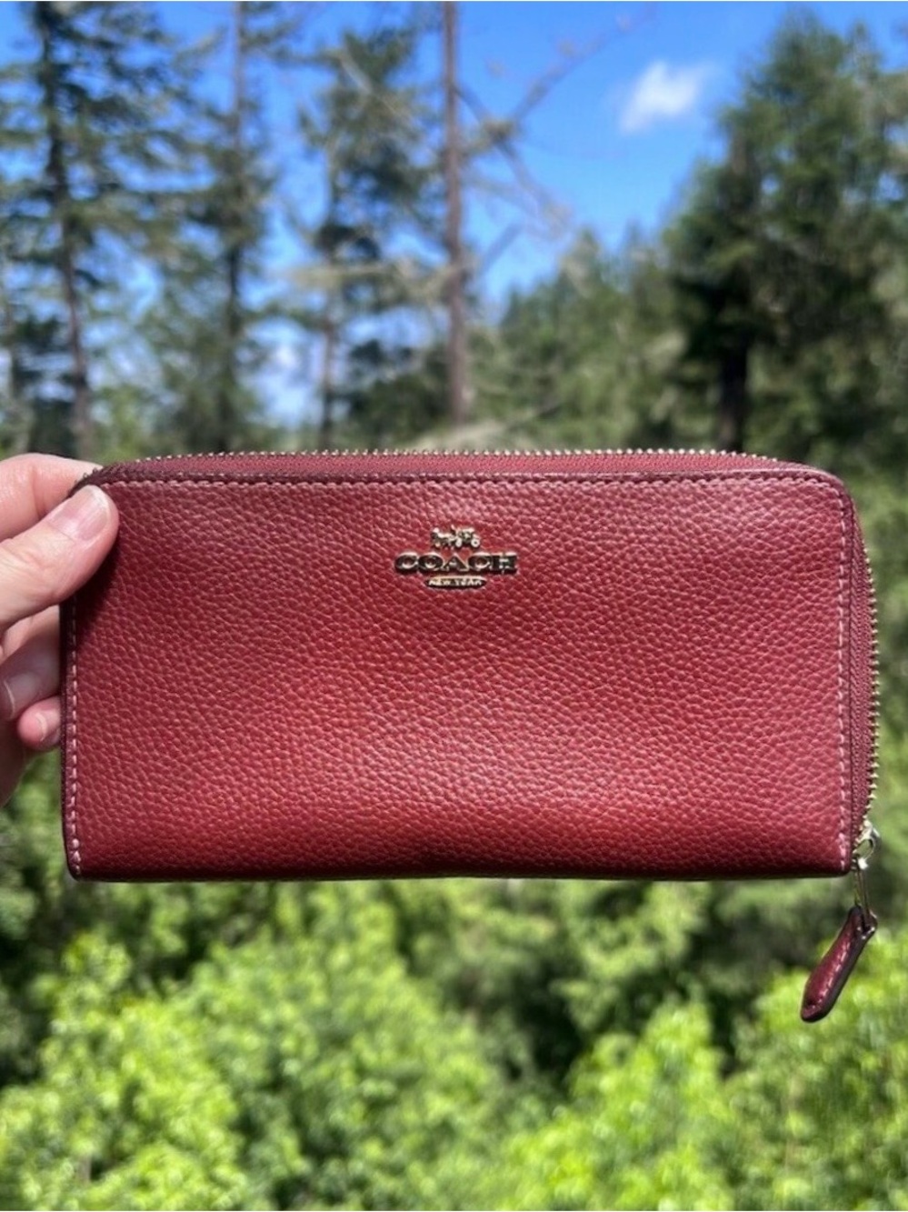 COACH Long Zip-Around Burgundy Pebble Leather Wallet Gold Hardware AUTHENTIC